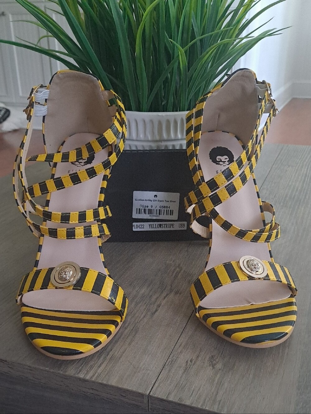 Women's Yellow Stripe Strappy Open-Toe Heels